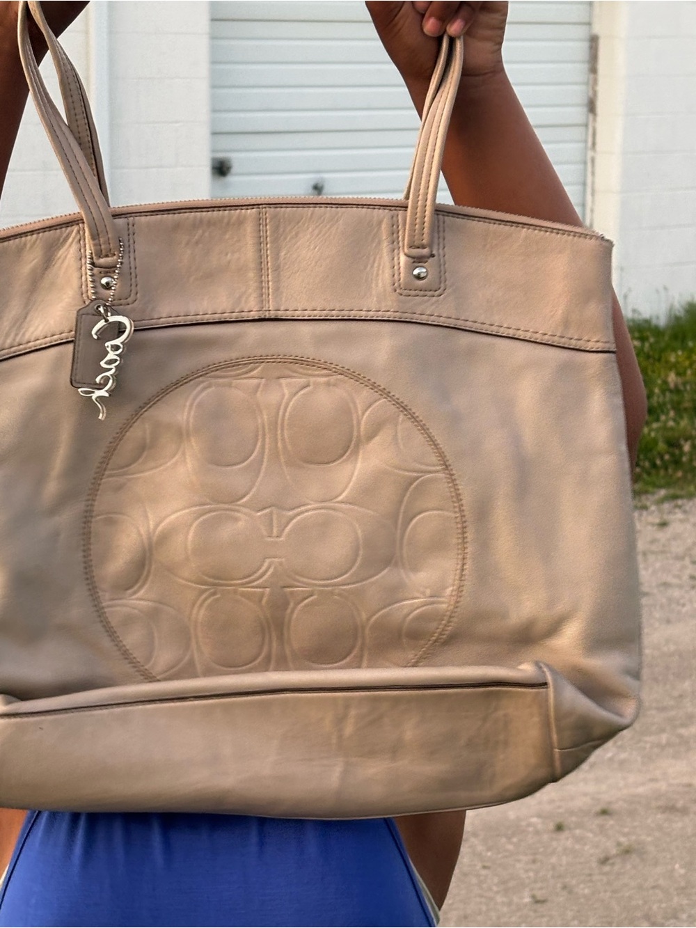Coach Taupe Embossed Logo Leather Tote